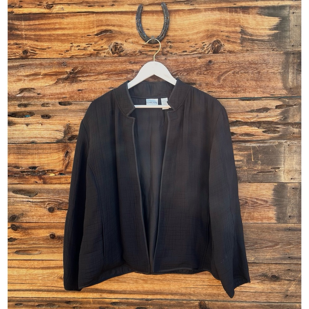 CHICO’S | Open Front Black Silk Blend Textured Long Sleeve Lined Jacket XL